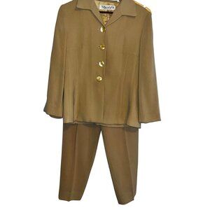 Tahari Petite Womens Two-Piece Suit Set Size M Beige 100% Polyester Buttoned Jac